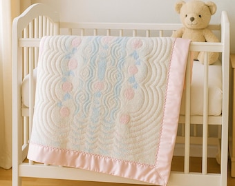 Vintage Chenille Baby Blanket – Pink Satin Trim – Pastel Rainbow Tufted Crib Quilt – Reversible Cottagecore Nursery Bedding – 30x40