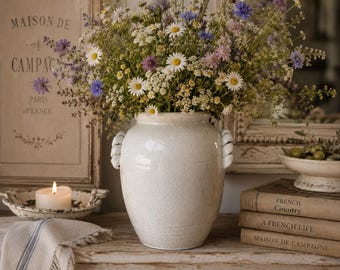 Large White Crackle Glazed Ceramic Planter Pot | French Country Cachepot | Rope Handle Pottery Vessel | Farmhouse Decor