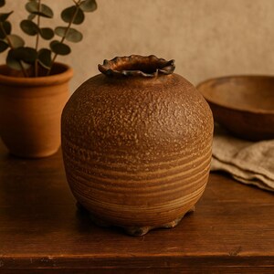 May include: A brown ceramic vase with a textured surface and a ruffled rim. The round vase has horizontal lines and sits on three small feet. The vase is displayed on a wooden surface, suggesting a rustic or farmhouse style.
