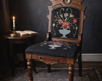 Antique Needlepoint Accent Chair, Carved Wood Victorian Side Chair, Floral Upholstered Chair, Vintage Fireside Chair, Cottage Decor