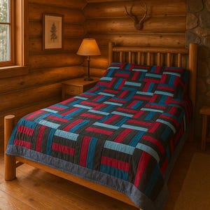 May include: A wooden bed frame with a quilt featuring a geometric pattern of red, blue, and black rectangles. The bed is in a rustic cabin setting with wood paneling and a framed picture on the wall.