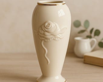 Lenox Ivory Rose Vase – Embossed Porcelain with Gold Trim