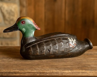Signed RR Vintage Hand Carved Duck Decoy – Folk Art Wooden Waterfowl Sculpture – Painted Mallard with Glass Eyes – Rustic Cabin Lake House D