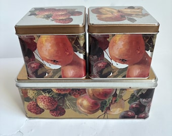 Vintage Fruit Print Metal Storage Tins – Set of 3 – 1980s Kitchen Canisters