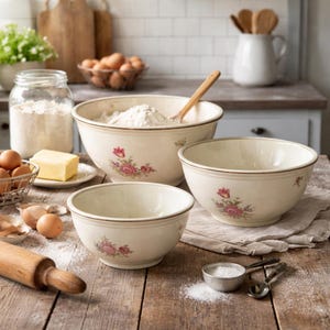 May include: A set of three off-white ceramic mixing bowls with a floral design. The bowls are different sizes and sit on a wooden surface. Flour and a wooden spoon are in the largest bowl. A rolling pin, eggs, and butter are also visible.