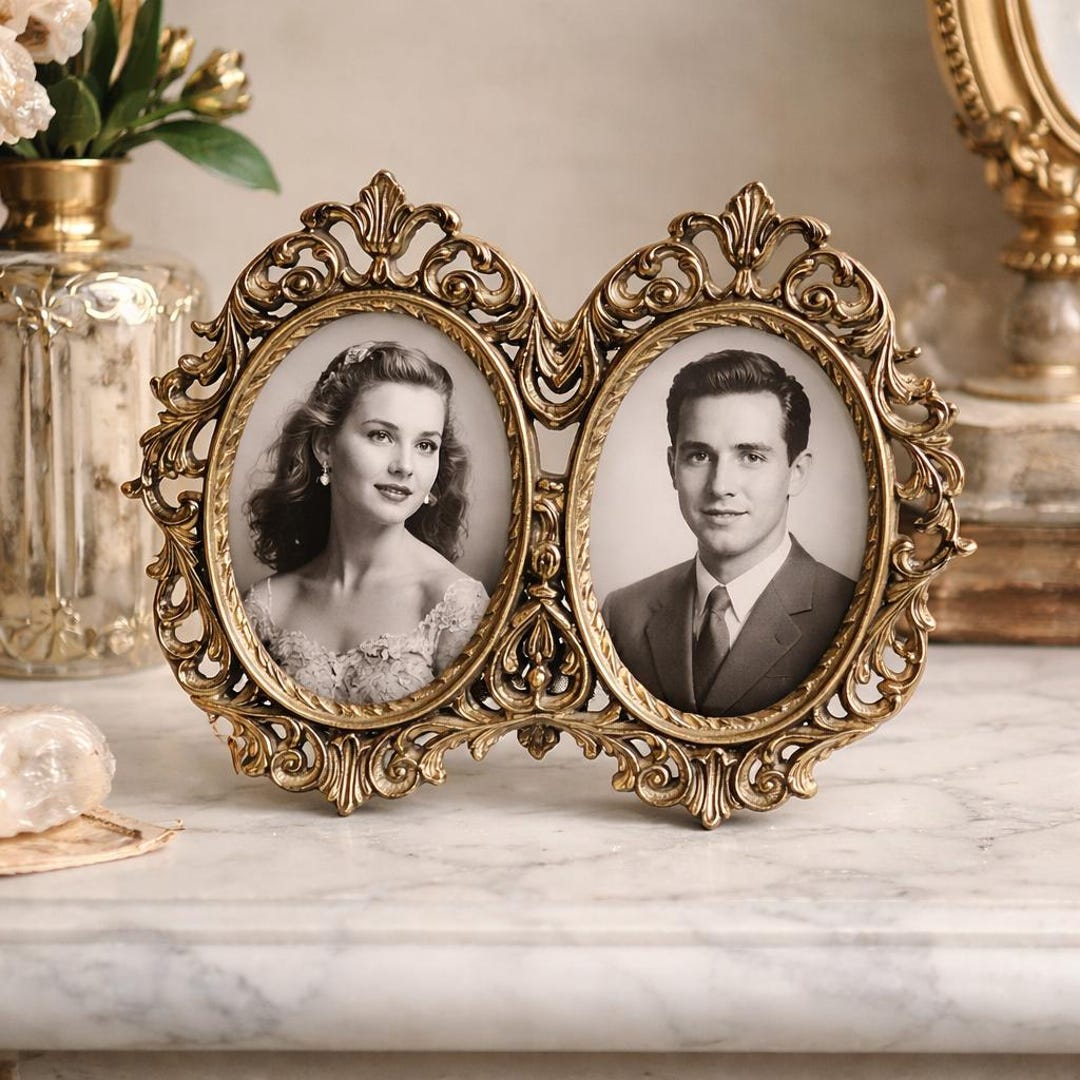Vintage Double Oval Picture Frame Gold Ornate Metal Frame Victorian ...