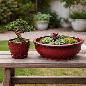 Red Glazed Ceramic Planter Set of 2, Large & Small Plant Pots with Drainage, Bonsai Succulent Planters, Indoor Outdoor Garden Decor