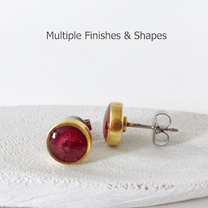Red Stud Earrings: Hypo Allergenic Pewter Posts, Multiple Shapes & Silver or Gold Finishes