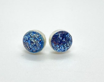 Small Blue Round Stud Earrings, Small Round Silver Studs, Small Round Gold Studs, Glitter Studs, Gift for Girl