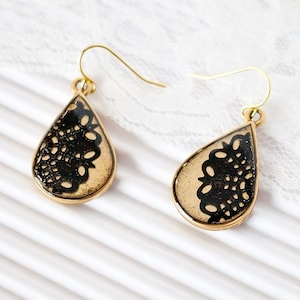 Black Lace Earrings, Gold Teardrop Wedding Earrings, Small Teardrop Earrings, Earrings for Mom, Grandma