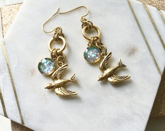 Gold Bird Earrings, Dangle Bird Earrings, Flying Bird Earrings, White Sparkle Earrings, Glitter Earrings, Bird Gifts for Women