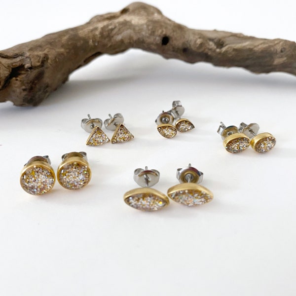 Small Rose Gold Glitter Earrings, Champagne Glitter Studs, Champagne Stud Earrings, Junior Bridesmaid Gift