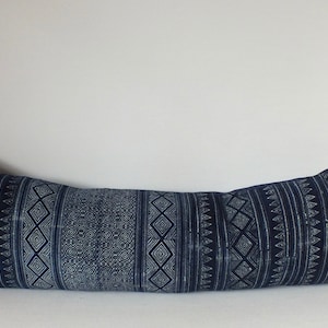 Blue Batik Hmong Fabric Accent Cushions Bolsters Pillow case Handprinted Indigo Navy Midnight Blue tribal textiles Home decor