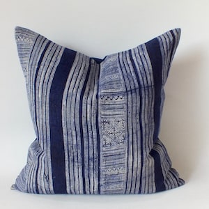 VINTAGE Hmong Pillow Hand Woven HEMP Organic  Ethnic Tribal decorative throw pillows Vintage Textile indigo navy blue batik Home decor