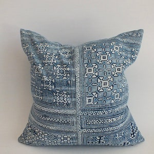 Vintage Blue Batik  Hmong Pillow case Hand printed  Ethnic throw cushion decorative Accent pillow  Boho  Fabric Home decor Housewarming Gift