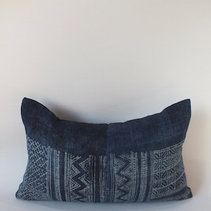 Batik Hemp Boho cushions cover Hmong Vintage Hand woven Decorative Accent pillow case Indigo Navy blue hemp Scatter cushions Bolster
