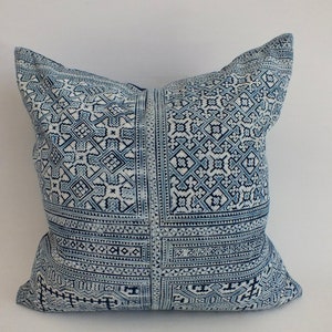 Vintage Blue Batik  Hmong Pillow case Hand printed  Ethnic throw cushion decorative Accent pillow  Boho  Fabric Home decor Housewarming Gift