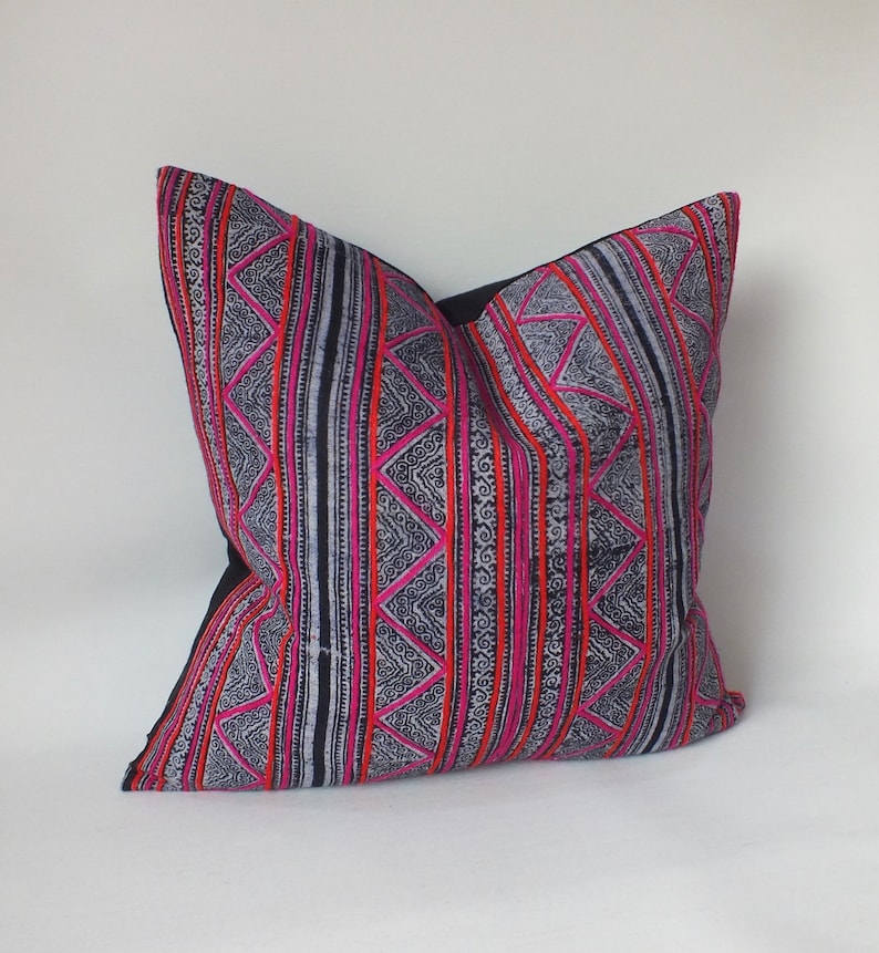 Hmong Pillow Case Throw cushion Vintage Batik Pillow Cover Handwoven ethnic textile recycled fabric Indigo striped decorative floor cushion