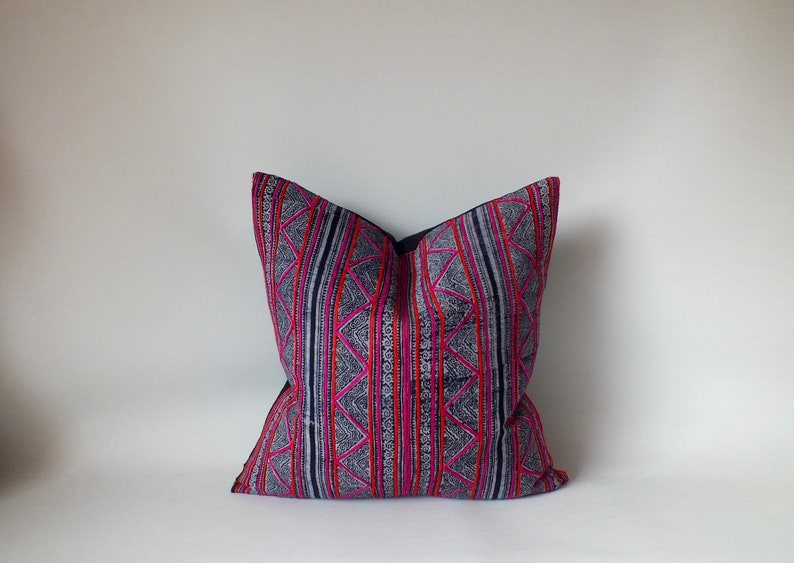Hmong Pillow Case Throw cushion Vintage Batik Pillow Cover Handwoven ethnic textile recycled fabric Indigo striped decorative floor cushion
