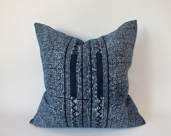 Blue Throw Pillow cover Indigo Navy Blue batik Cushion Case decorative Handmade ethnic Hmong Hand printed textile cushions home decor