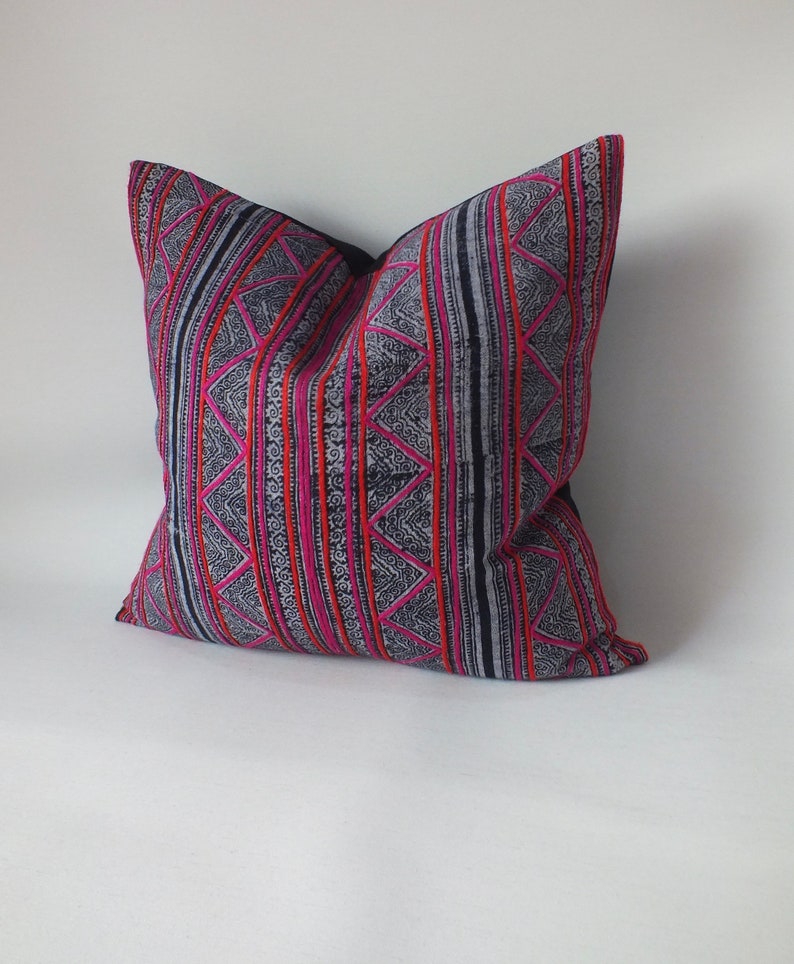 Hmong Pillow Case Throw cushion Vintage Batik Pillow Cover Handwoven ethnic textile recycled fabric Indigo striped decorative floor cushion