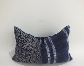 Sofa  pillow Hand painted  Batik Boho Pillow Vintage Indigo batik Hmong cushion cover  Handwoven Hemp Fabric Decorative Pillowslip Mud cloth