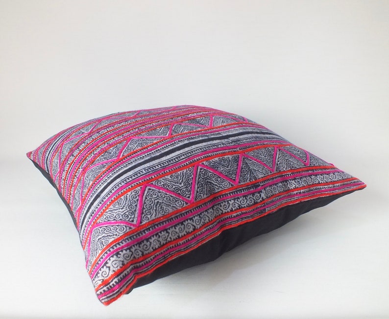 Hmong Pillow Case Throw cushion Vintage Batik Pillow Cover Handwoven ethnic textile recycled fabric Indigo striped decorative floor cushion