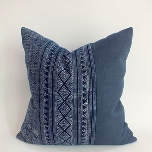 Blue pillow Handprinted  Accent Cushion Hmong batik Handmade decorative throw Cushion ethnic textiles Indigo Midnight blue sofa chair pillow