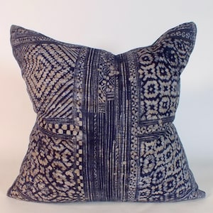 Blue Hmong cushion cover Vintage ethnic  Batik Pillow case  Decorative throw Hand woven Tribal textiles Frazada Indigo batik floor cushion