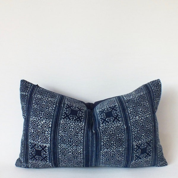 Hmong Batik Block Print Indigo Navy blue decorative Pillow Cover ethnic tribal cushion case Handwoven textiles throw pillows Handcrafted