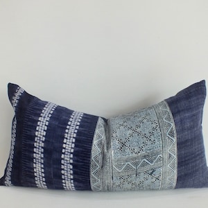 Funda de almohada de bouclé abullonada con rayas azules y negras, cojín de cáñamo de lujo único, textiles vintage, funda de almohada decorativa tejida a mano para sofá.