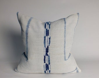 White and Blue Vintage  Hand-Woven Hemp Hmong -Pillow Tribal Hemp recycled Textiles  Batik Hand-Print Indigo Mudcloth Pillow Case