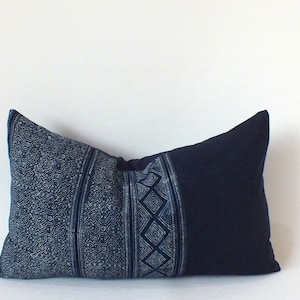 Ethnic Cushion covers Hand woven  Handprinted Batik Hmong Navy Blue  throw Pillows Sofa cushions Boho decorative indigo Textiles