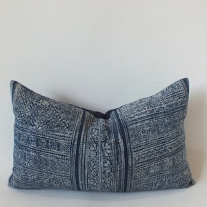 Batik Hemp Boho cushions cover Hmong Vintage Hand woven Decorative Accent pillow case Indigo Navy blue Scatter cushions Bolster