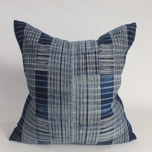 Blue Pillow Hmong Vintage recycled fabric Cushion cover  Handprinted Hand woven Hemp sofa living room decorative Accent throw cushion covers