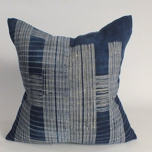 Blue Pillow Hmong Vintage recycled fabric Cushion cover  Handprinted Hand woven Hemp sofa living room decorative Accent throw cushion covers