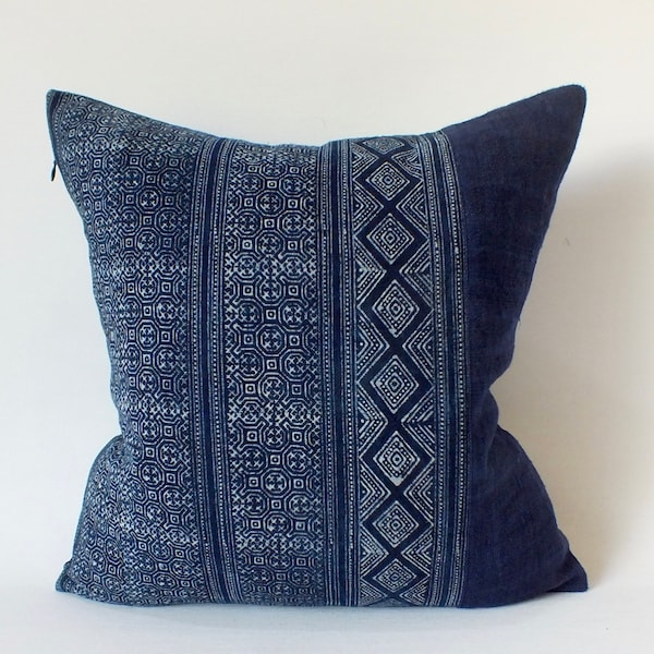 Blue pillow Handprinted  Accent Cushion Hmong batik Handmade decorative throw Cushion ethnic textiles Indigo Midnight blue sofa chair pillow