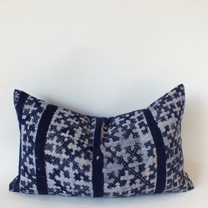 Blue Cushion cover Vintage fabric Ethnic Hemp Textile Decorative Cushion  Lumbar Throw pillow case Hmong Pillow Boho Fabric