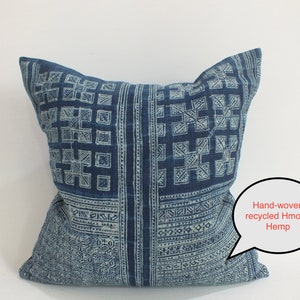 Blue Pillow Hmong Vintage recycled fabric Cushion cover  Handprinted Hand woven Hemp sofa living room decorative Accent throw cushion covers