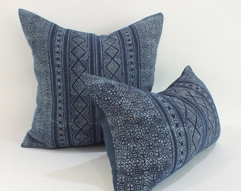 Indigo Block Print Hmong Pillow Cover Batik Hand Painted  Navy Blue cushion throw pillow ethnic Cushions Vintage textiles  kilim pillowslip