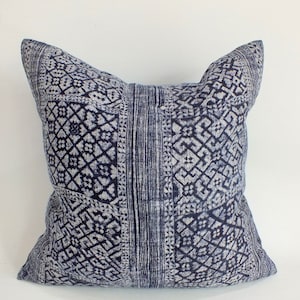 Blue Pillow Hmong Cushion  Handprinted Handwoven Hemp Fabric Cushion sofa chair living room decorative Accent floor throw cushion covers