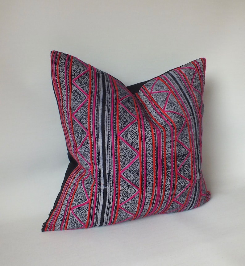 Hmong Pillow Case Throw cushion Vintage Batik Pillow Cover Handwoven ethnic textile recycled fabric Indigo striped decorative floor cushion