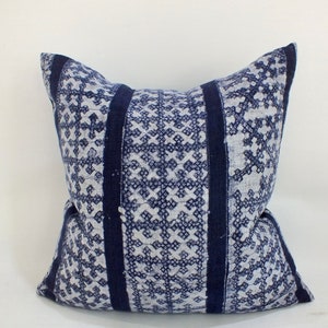 Blue Pillow Hmong Vintage recycled fabric Cushion cover  Handprinted Hand-woven Hemp sofa living room decorative Accent throw cushion covers
