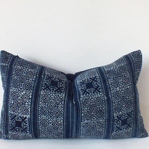 Hmong Batik Block Print Indigo Navy blue decorative Pillow Cover ethnic tribal cushion case Handwoven textiles throw pillows Handcrafted