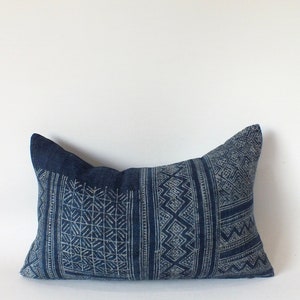 Batik Hemp Boho cushions cover Hmong Vintage Hand woven Decorative Accent pillow case Indigo Navy blue hemp Scatter cushions Bolster