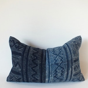 Batik Hemp Boho cushions cover Hmong Vintage Hand woven Decorative Accent pillow case Indigo Navy blue Scatter cushions Bolster