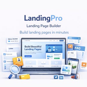 May include: A laptop screen showing a landing page builder interface, with icons and elements such as a magnifying glass, social media icons, and a megaphone. The text "LandingPro" and "Build landing pages in minutes" are displayed.