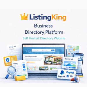 Puede incluir: Una ilustración que promociona ListingKing, una plataforma de directorio de empresas. La imagen presenta una computadora portátil que muestra una interfaz de sitio web, rodeada de iconos, un teléfono inteligente y logotipos de pago. El texto incluye "Business Directory Platform" y "Self Hosted Directory Website."