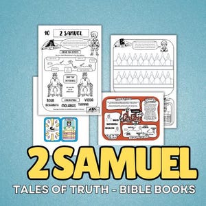 May include: A collection of Bible-themed activity pages, featuring the text "2 Samuel" in large yellow letters. The pages include illustrations, fill-in-the-blank sections, and the text "Tales of Truth - Bible Books".