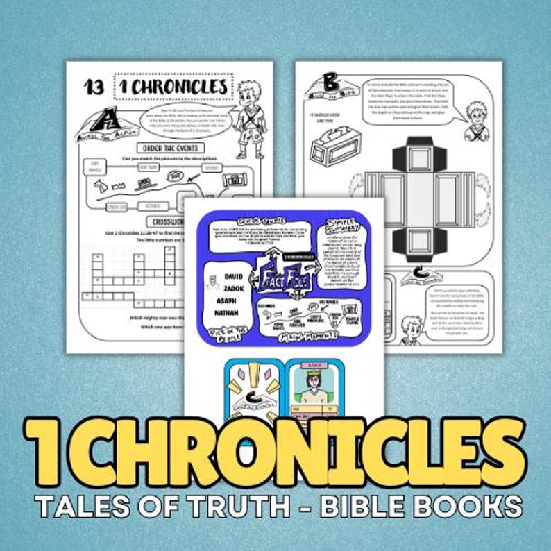 May include: A collection of black and white Bible study pages with illustrations and text. The pages include the text "1 Chronicles", "Order the Events", and "Crossword". The bottom of the image has the text "1 Chronicles Tales of Truth - Bible Books".